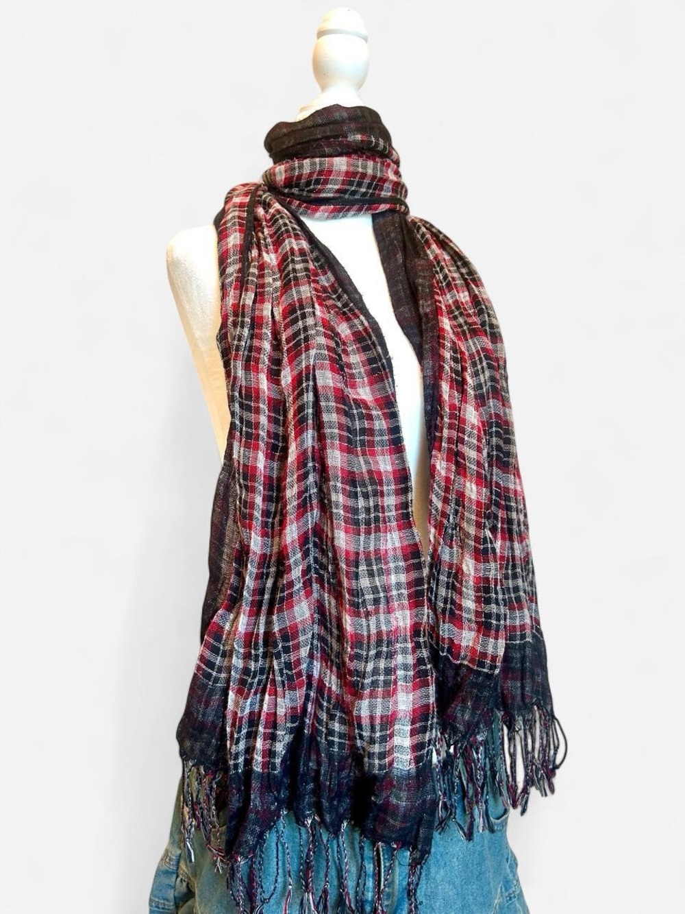 Jones New York Plaid Fringe Scarf - Black & Red